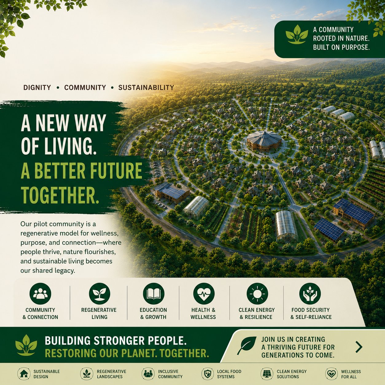 The Haven Ecovillage — aerial view of a circular regenerative community with homes, solar panels, greenhouses, and gardens nestled in rolling green hills