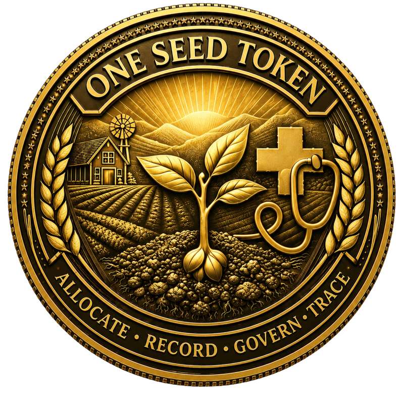 One Seed Token — reverse: seedling rising from soil with farmhouse and medical cross, inscribed Allocate · Record · Govern · Trace